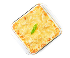 Tasty lasagna on white background