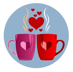 A pair of cups for lovers, with hearts and steam, tea, coffee, hot, flat design