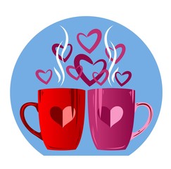 A pair of cups for lovers, with hearts and steam, tea, coffee, hot, flat design