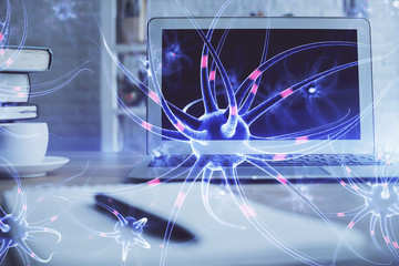Desktop computer background and neuron drawing. Double exposure. Education concept.