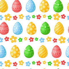 Easter Day - seamless pattern with easter eggs, flowers on white background, colorful background or endless texture for textile decoration, ideal for fabric, wrapping, scrapbooking paper - vector