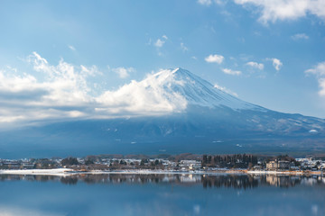 Fuji Mountain Reflection in Wnter Cloudy Day at Kawaguchiko Lake, Japan