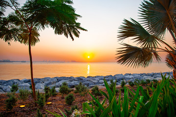 Bright romantic tropical country sea sunset lanscape