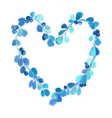 classic blue, trendy color 2020 blue heart with leaves. Suitable for Valentine's Day greeting card, wedding, birthday. Watercolor illustration on white isolated background.