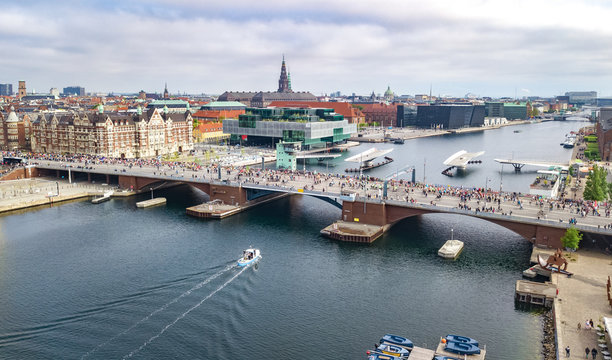 Marathon Running Race, Aerial View Of Many Runners On Bridge From Above, Road Racing, Sport Competition, Copenhagen Marathon, Denmark