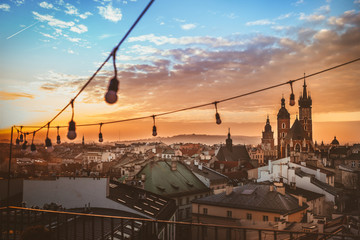 Urban sunset cityscape in Krakow, Poland