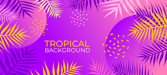 Fototapeta na wymiar Neon tropical fluid background with jungle plants. Vector exotic horizontal banner with tropic palm leaves frame. Poster with copyspace. Trendy fluid style and neon colors. Summer sale, ad design.