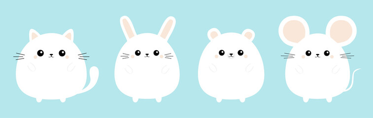 White rabbit hare, bear, mouse, cat kitten kitty icon line set. Kawaii animal. Cute cartoon character. Funny baby. Love card. Flat design. Blue background.