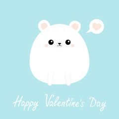 White bear icon. Happy Valentines Day. Funny head face. Cute kawaii cartoon round character. Pink heart. Baby greeting card template. Blue background. Flat design.