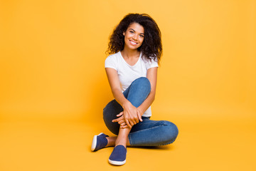 Photo of cheerful cute nice fascinating gorgeous girl wearing jeans denim smiling toothily beaming...