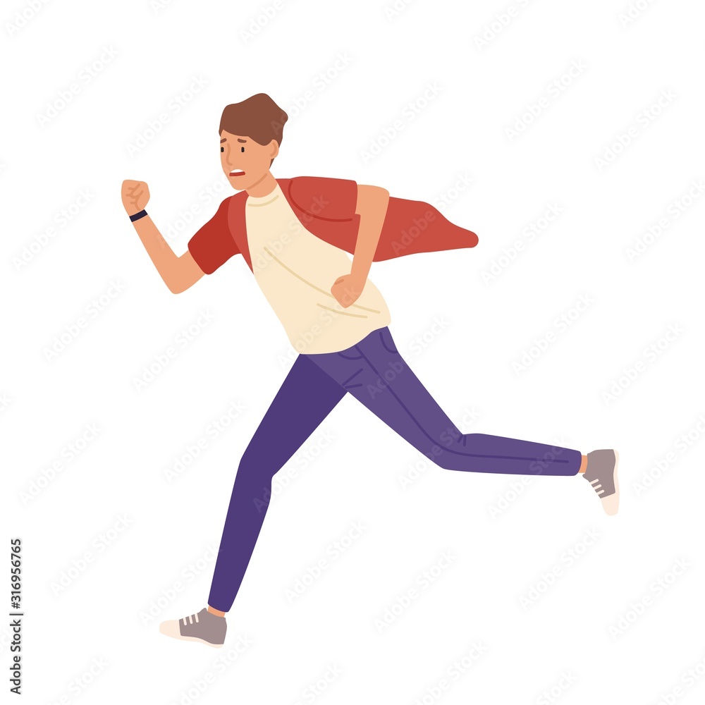 Poster man rushing flat vector illustration. late young student in casual clothes isolated on white backgro