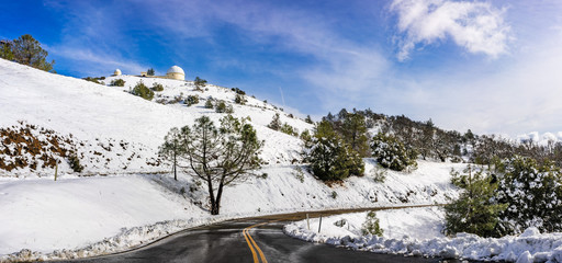 Snowy winter day on top of Mount Hamilton, in the Diablo mountain range; South San Francisco Bay...