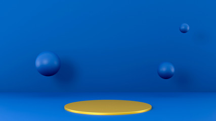 Minimalist scene in classic blue colors, gold podium pedestal, flying 3d spheres, 3d render illustration. Exhibition presentation mockup with space for merchandise, luxury platform, front view.