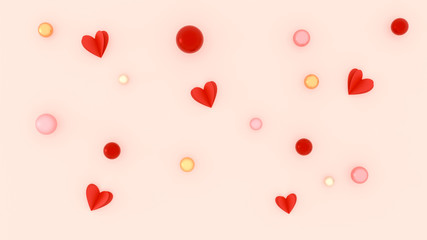 Valentines Day red hearts festive concept, pink minimalist background. Abstract feminine wallpaper top view, pink, golden balls, decorative elements for wedding, birthday, anniversary.