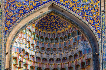 Fototapeta na wymiar Geometrical interior art in the Central Asia mosque 