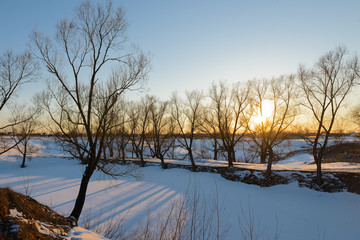 Evening winter landscape with thawed areas, ravines and trees