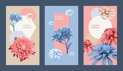Template of three vertical floral backgrounds with Aster flowers. Pastel colors for design of invitation, greeting card, flyer, voucher. © ledelena
