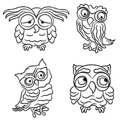 Set of four cartoon owls