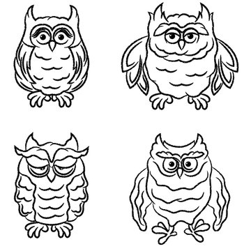 Set of four cartoon owls outlines