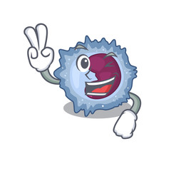 Smiley mascot of monocyte cell cartoon Character with two fingers