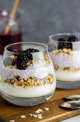 Yogurt with granola, chia seeds and blackberries on a grey background. Breakfast. Healthy eating.