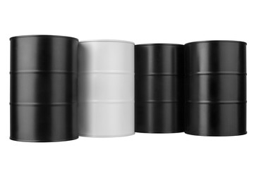 Four black and white metal barrels isolated close up, oil drum, steel keg, tin canister, aluminium cask, petroleum storage packaging, fuel container, gasoline tank, oil production industry concept