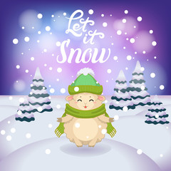 Winter vector illustration with cartoon animal character on the snowy landscape and snowfall background with a beautiful lettering inscription. Cute happy sheep with winter calligraphy text.