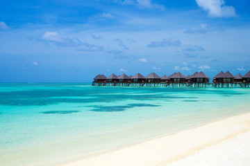 Fototapeta na wymiar Beautiful tropical Maldives island with beach. Sea with water bungalows