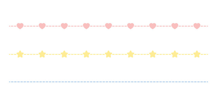 Set Of Seamless Cute Pastel Dashed Line Border. Flat Vector Illustration.