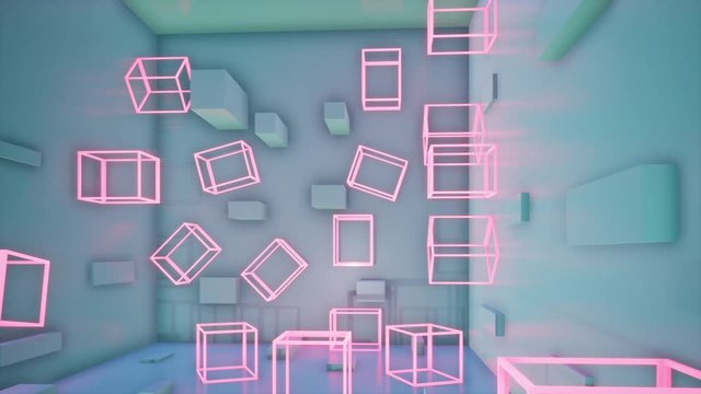 abstract green pastel background with pink neon boxes, 3D render video ultra HD 4K 3840x2160