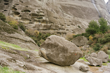 Meteora, Greece - Dec 19, 2019: Abandoned monastic cave houses known as 