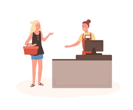 Angry Woman At Mall Checkout Flat Vector Illustration. Female Displeased Customer Standing In Queue Cartoon Characters. Girl With Shopping Basket At Cashier Desk. Seller And Buyer Arguing.