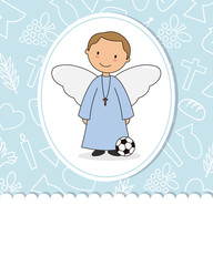 First communion card. Angel boy with soccer ball