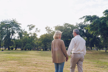 Back of man and woman holding hand and walking at park, Love marriage life goals, Happy retirement elder couple spending time, talking, sharing and relaxing together concept, banner size