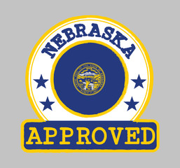 Vector Stamp of Approved logo with Nebraska flag in the round shape on the center.