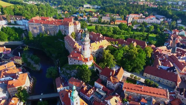 Aerial Drone Shot of Cesky Krumlov Czech Republic City at Sunrise