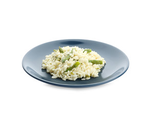 Delicious risotto with asparagus isolated on white