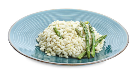 Delicious risotto with asparagus isolated on white
