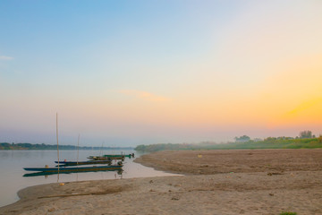 Picturesque shore sloping sand bank of the Mekong river.