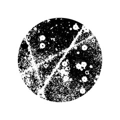 Abstract handmade artwork. Round shape, bubble, spot. Distressed texture. Ink splatter surface trace. Halftone grainy background in circle. Isolated on white. Vector stock illustration EPS 10