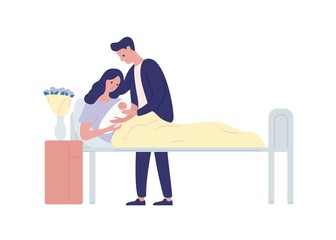 Family with newborn in maternity ward flat vector illustration. Childbirth and parenthood. Mother and father with child cartoon characters. Woman holding infant isolated on white background.