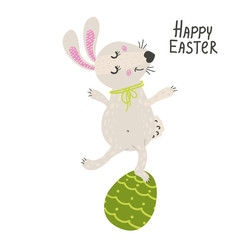 Cute rabbit with easter eggs. Happy Easter bunny