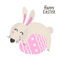 Cute rabbit with easter eggs. Happy Easter bunny
