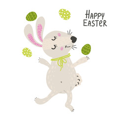 Cute rabbit with easter eggs. Happy Easter bunny