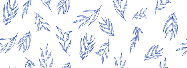 Flower Vector seamless pattern   texture with flat floral hand drawn leaves, branches  classic blue isolated on white. Design for fashion, background, wallpaper, fabric, wrapping for spring or summer.
