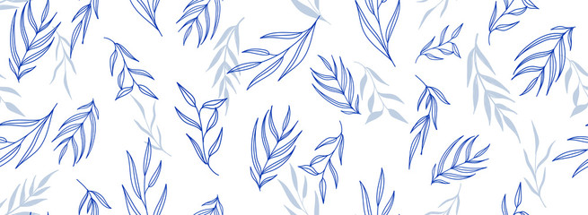 Naklejka na ściany i meble Flower Vector seamless pattern texture with classic blue flat floral hand drawn leaves, branches isolated on white. Design for fashion ,background, wallpaper, fabric, wrapping for spring or summer.