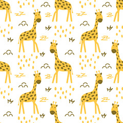Seamless pattern with cute giraffes and doodle elements on a white background. Hand drawn vector illustration
