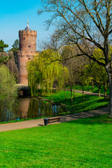 Kronenburgerpark in Nijmegen, The Netherlands. Park with hiking path, tower, water and bridge