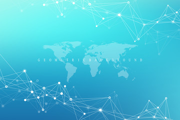 Geometric abstract background with connected line and dots. Network and connection background for your presentation. Graphic polygonal background. Scientific vector illustration.