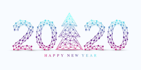 Text design Christmas and Happy new year 2020. Graphic background communication 2020. Connected lines with dots. Design element for presentations, postcard, flyers and posters, vector illustration